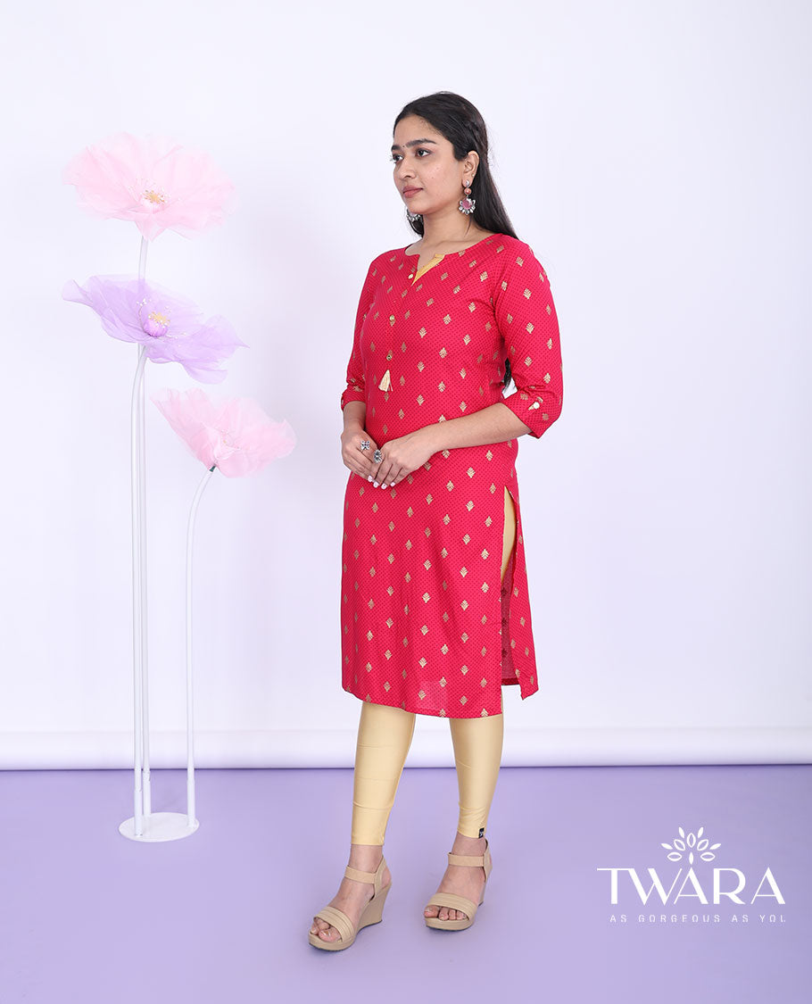 Twara red unique motifs printed round neck with 3/4th sleeve rayon straight-cut below-knee kurti