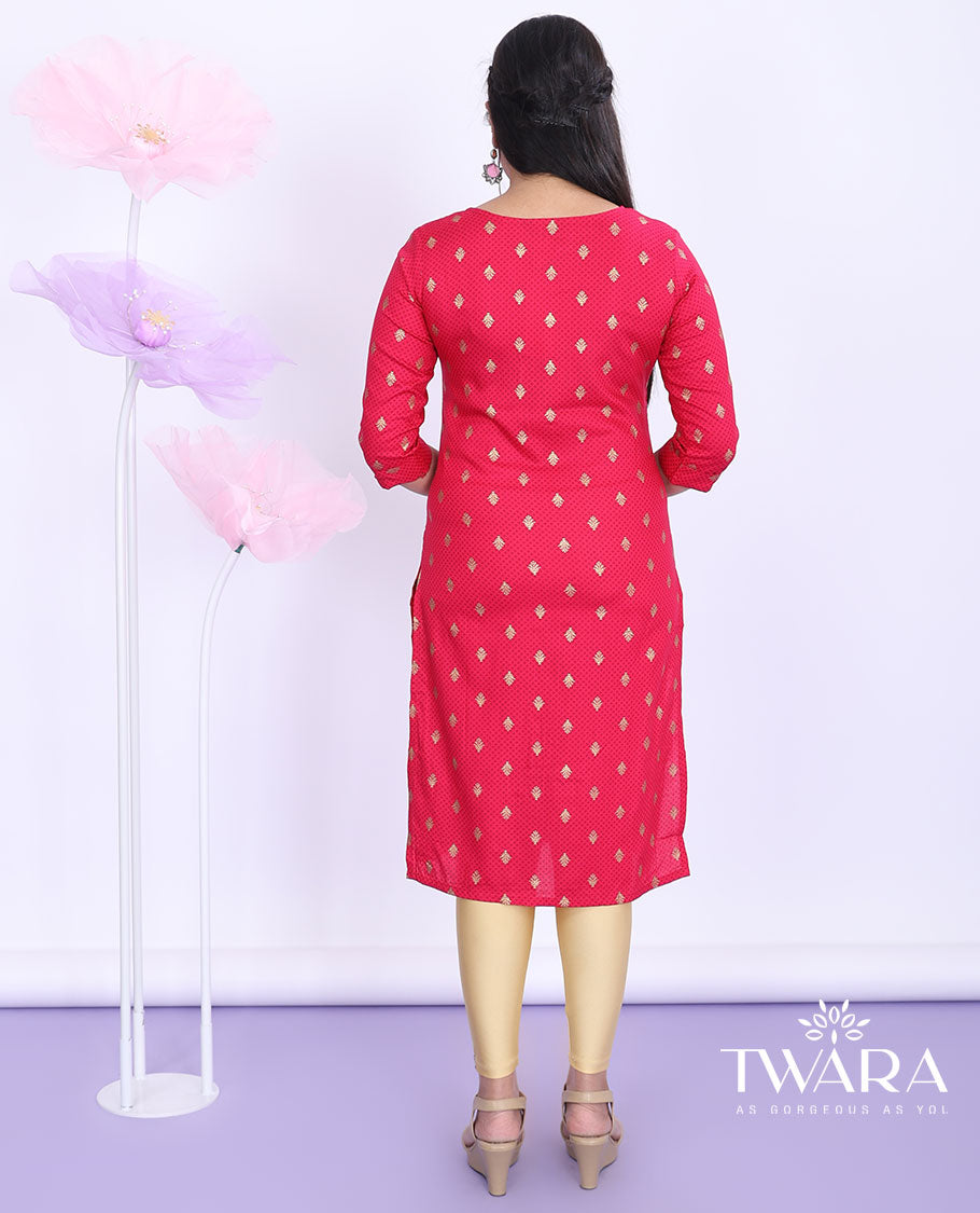 Twara red unique motifs printed round neck with 3/4th sleeve rayon straight-cut below-knee kurti