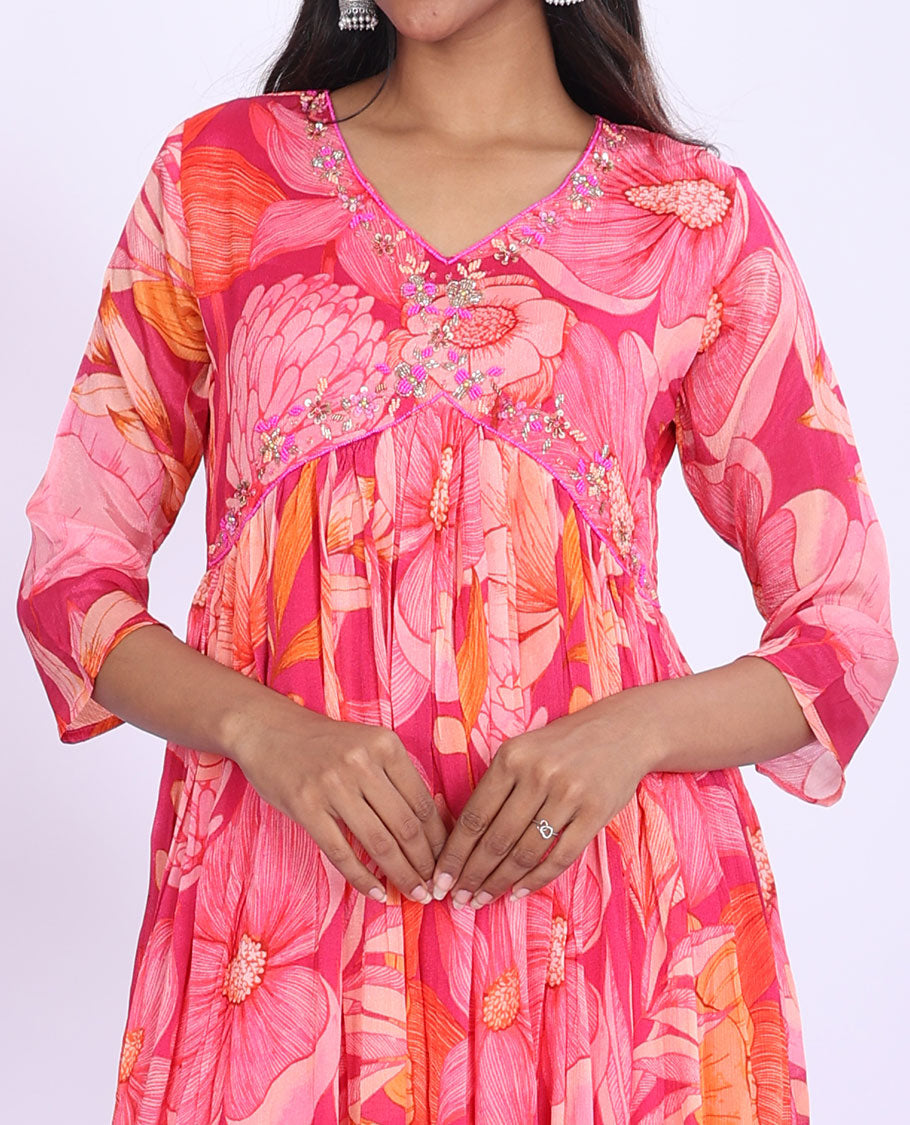 Twara pink floral printed & embroidered Alia-cut with 3/4th sleeve a-line calf-length kurti