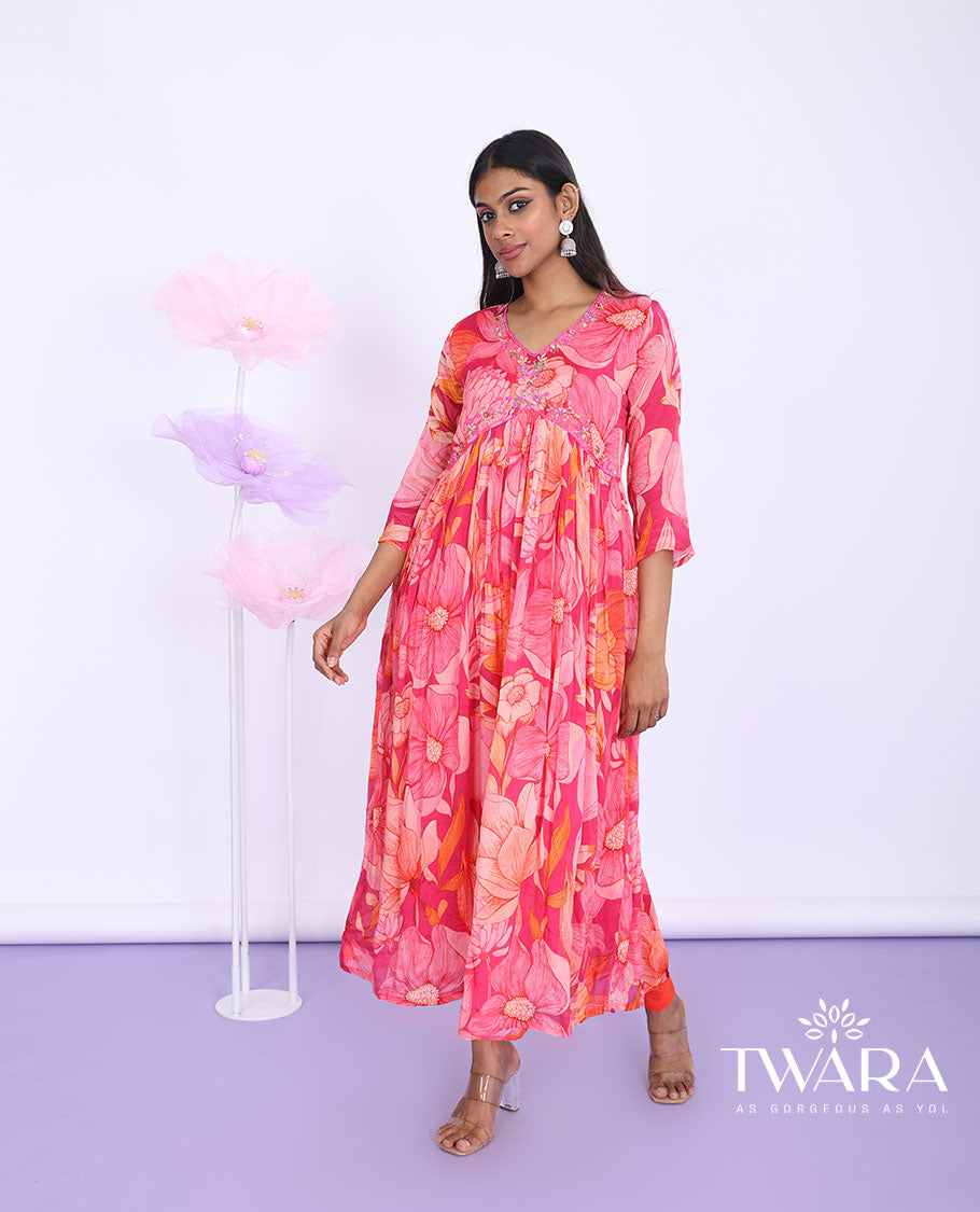 Twara pink floral printed & embroidered Alia-cut with 3/4th sleeve a-line calf-length kurti