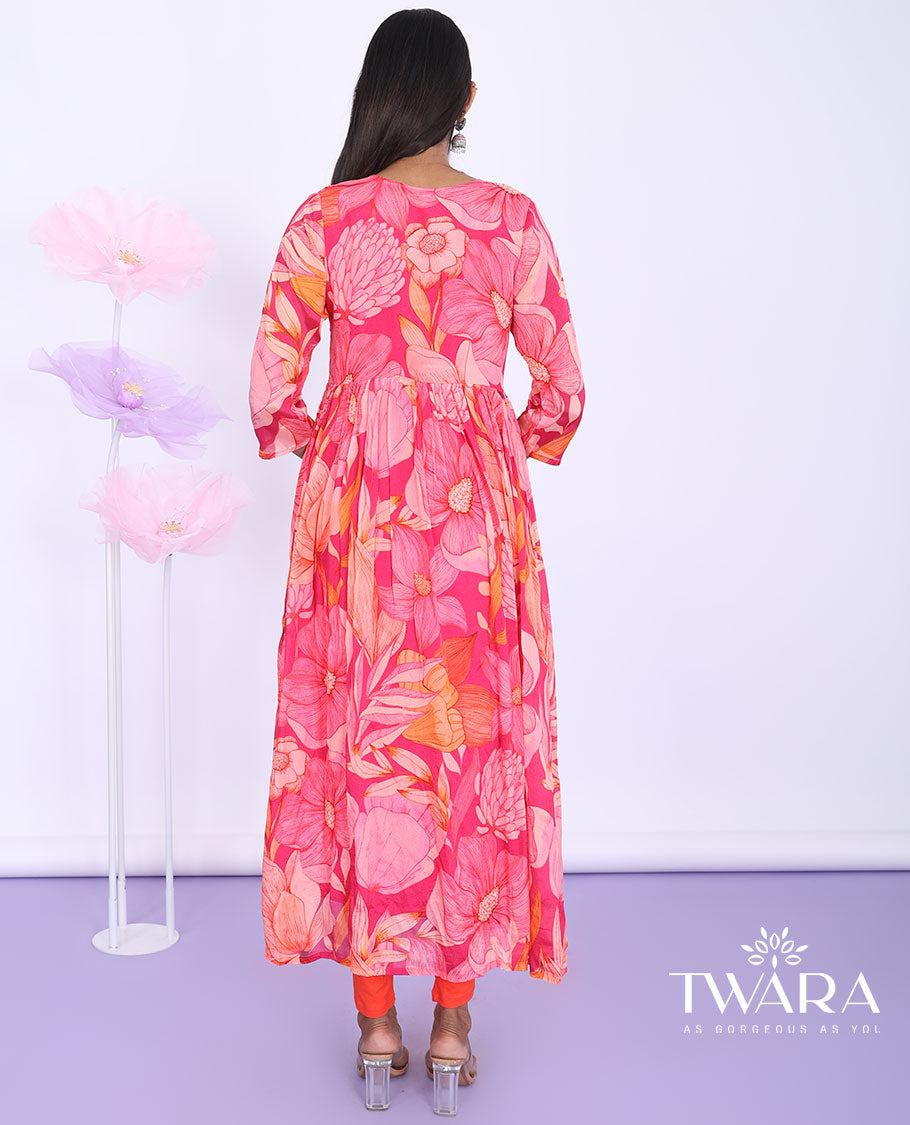 Twara pink floral printed & embroidered Alia-cut with 3/4th sleeve a-line calf-length kurti
