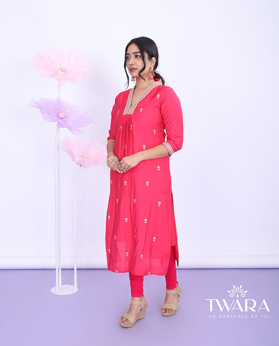 Twara pink embroidered V-neck with 3/4th sleeve straight-cut muslin below-knee kurti