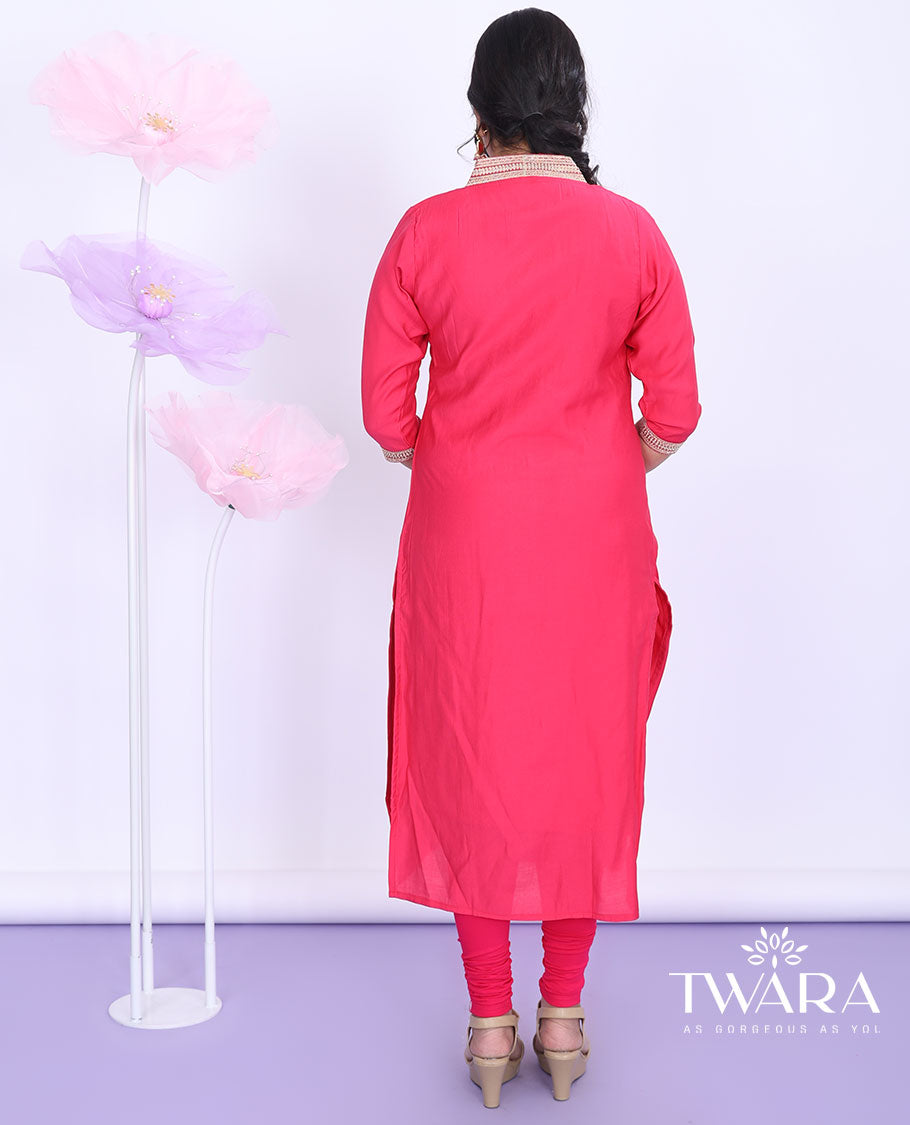 Twara pink embroidered V-neck with 3/4th sleeve straight-cut muslin below-knee kurti