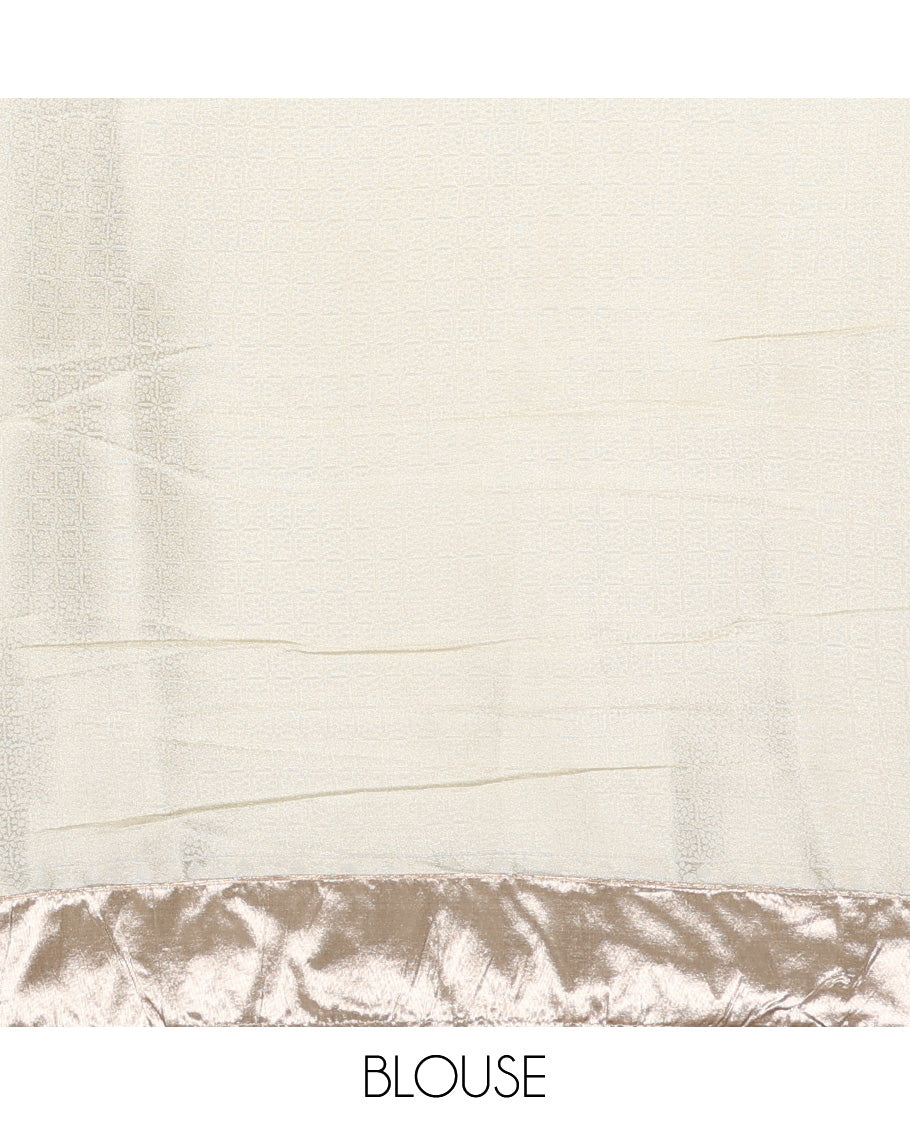 Cream dola silk saree with feather buttas, gleaming border & pallu of intricate designs