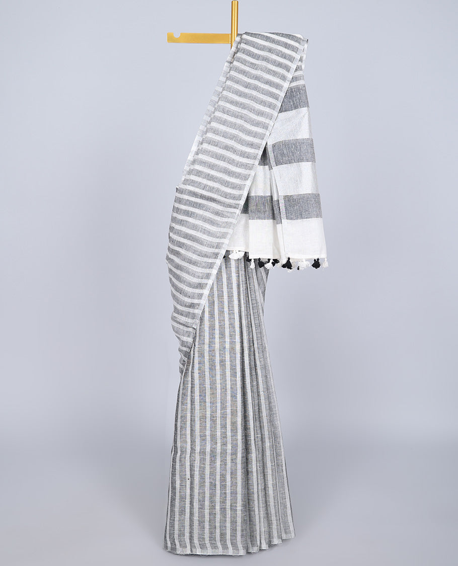 Borderless grey & white stripe design linen saree, self-pallu of stripes
