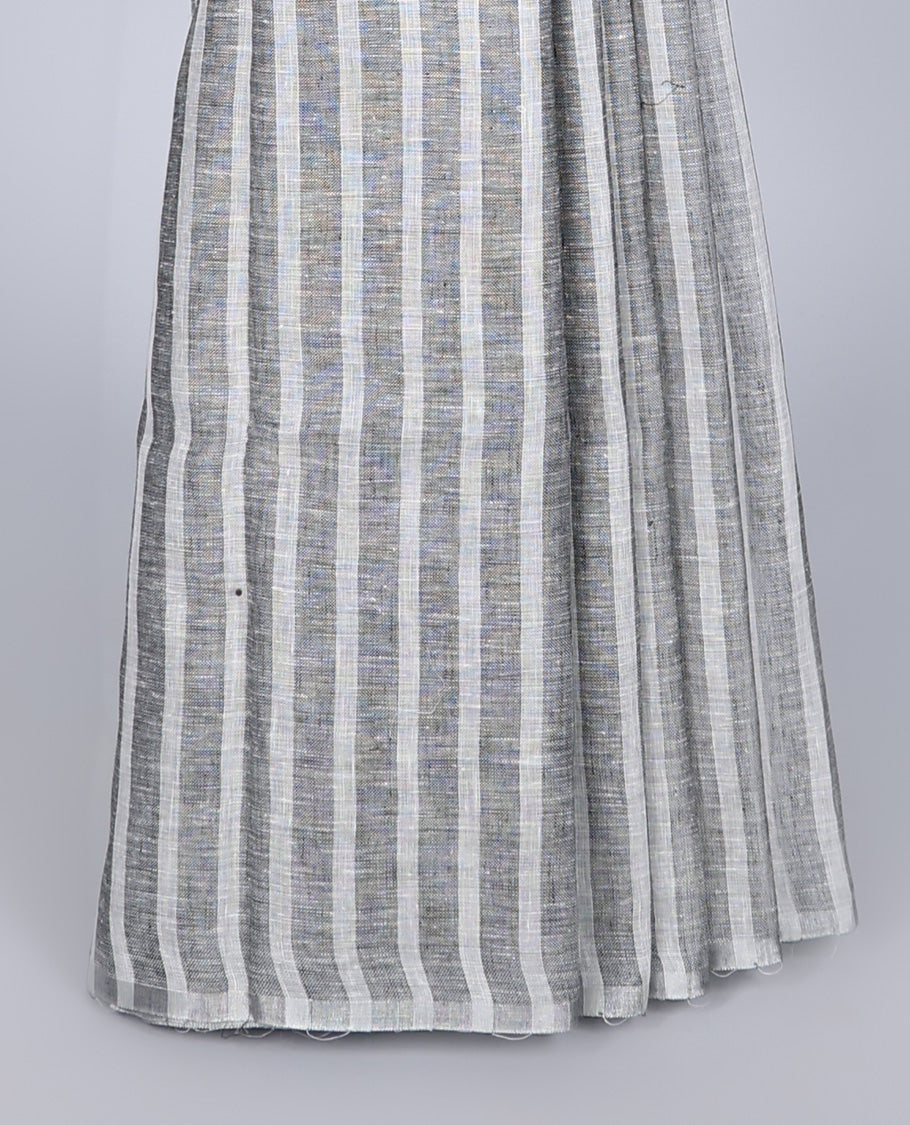 Borderless grey & white stripe design linen saree, self-pallu of stripes