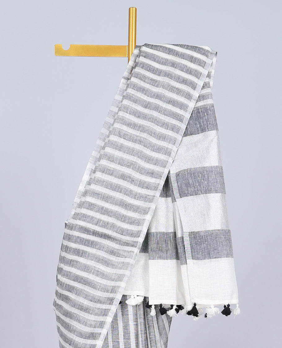 Borderless grey & white stripe design linen saree, self-pallu of stripes