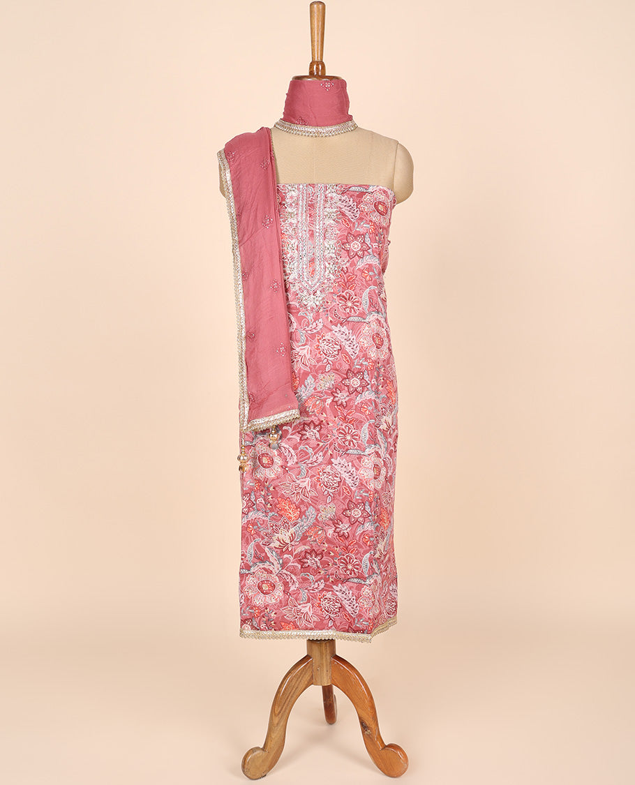 Pink material churidar set, floral printed & neck embroidered tissue top, plain cotton bottom & embroidered dupatta