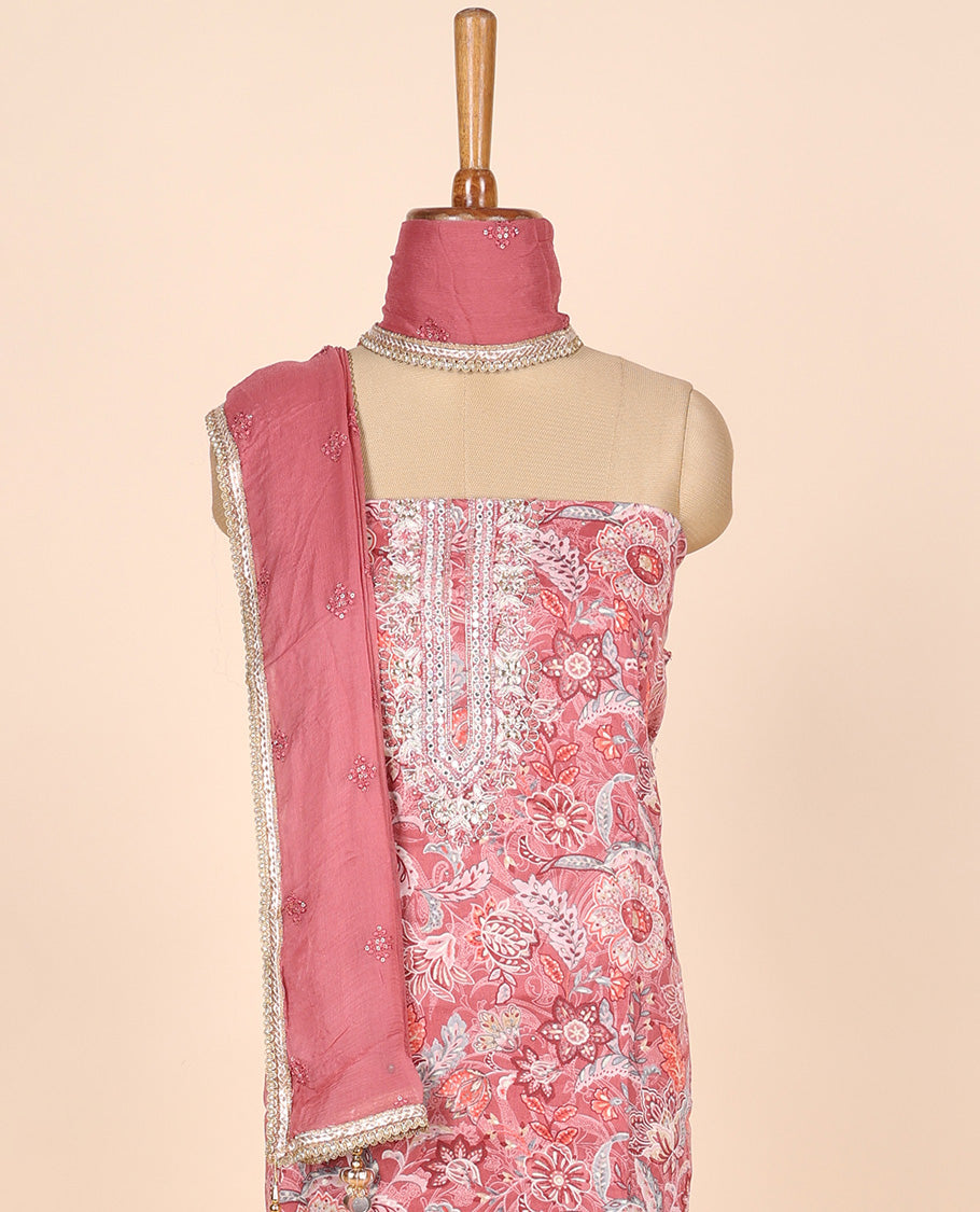 Pink material churidar set, floral printed & neck embroidered tissue top, plain cotton bottom & embroidered dupatta
