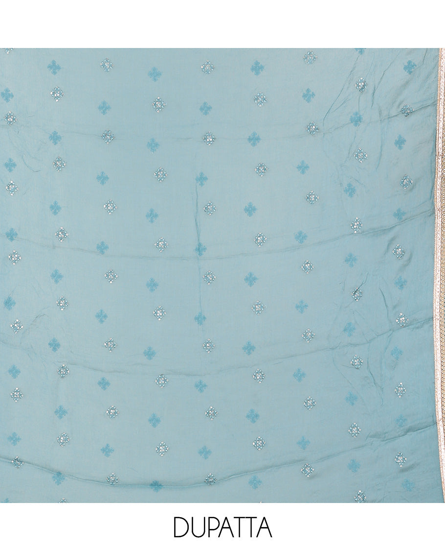 Blue material churidar set, floral printed & neck embroidered tissue top, plain cotton bottom & embroidered dupatta