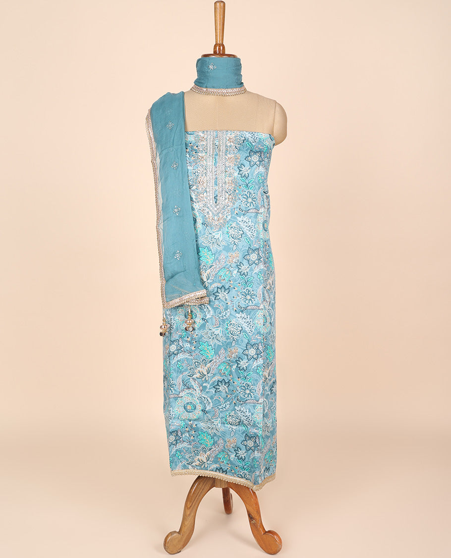 Blue material churidar set, floral printed & neck embroidered tissue top, plain cotton bottom & embroidered dupatta