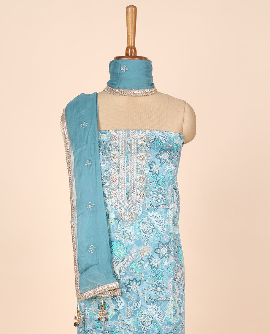 Blue material churidar set, floral printed & neck embroidered tissue top, plain cotton bottom & embroidered dupatta