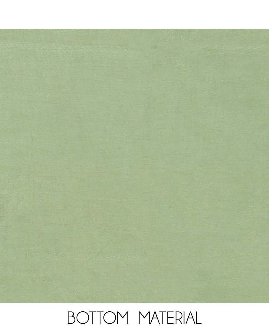 Green material churidar set, neck embroidery tissue top, plain bottom & floral vine print & scallop embroidered dupatta