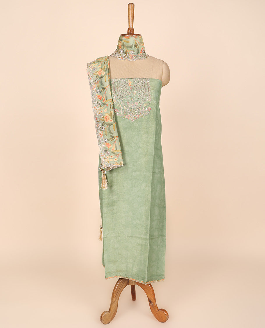 Green material churidar set, neck embroidery tissue top, plain bottom & floral vine print & scallop embroidered dupatta