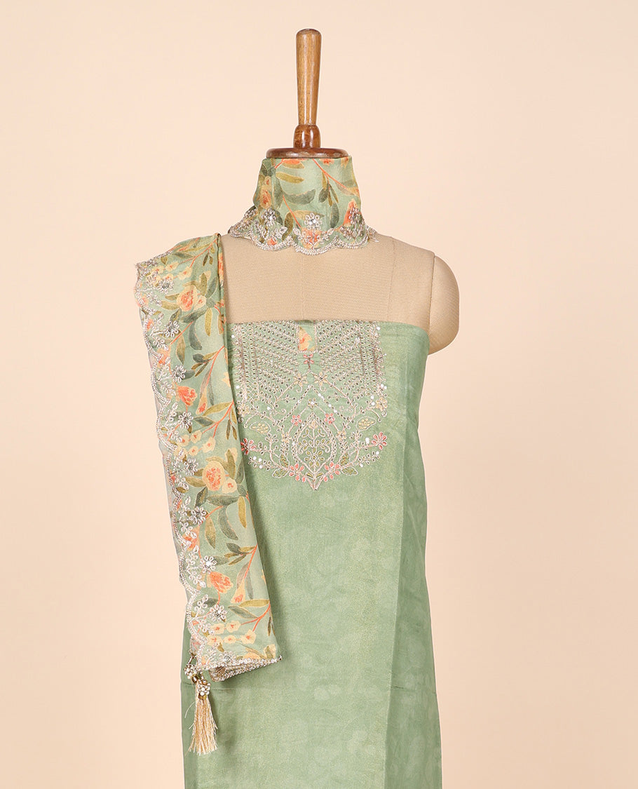 Green material churidar set, neck embroidery tissue top, plain bottom & floral vine print & scallop embroidered dupatta