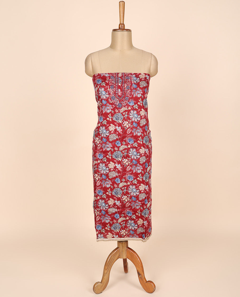 Maroon material churidar set, floral vine print & neck embroidered cotton top, plain cotton bottom & embroidered dupatta