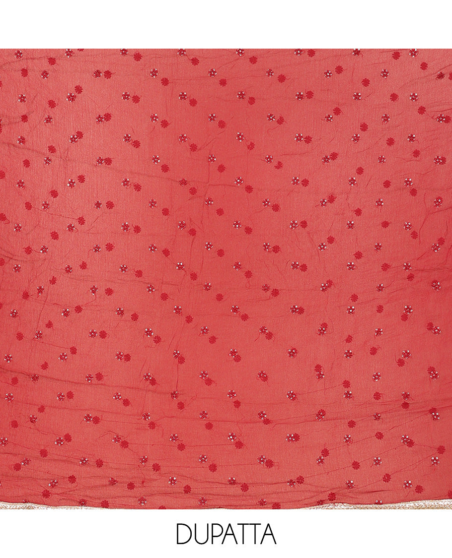 Maroon material churidar set, floral vine print & neck embroidered cotton top, plain cotton bottom & embroidered dupatta