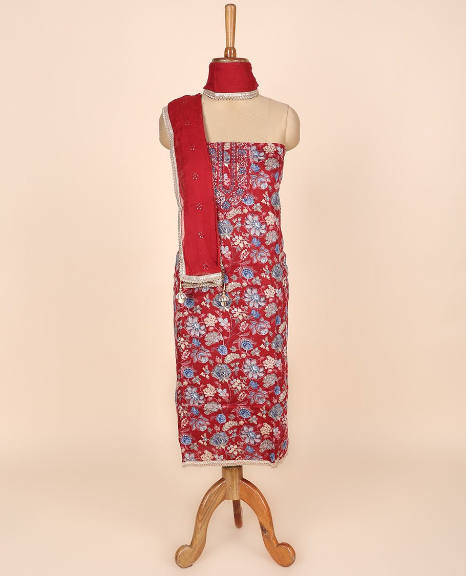 Maroon material churidar set, floral vine print & neck embroidered cotton top, plain cotton bottom & embroidered dupatta