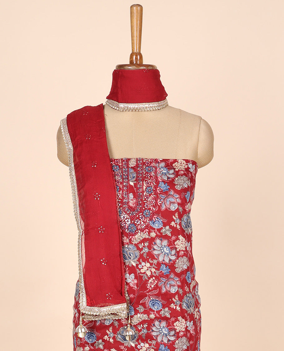 Maroon material churidar set, floral vine print & neck embroidered cotton top, plain cotton bottom & embroidered dupatta