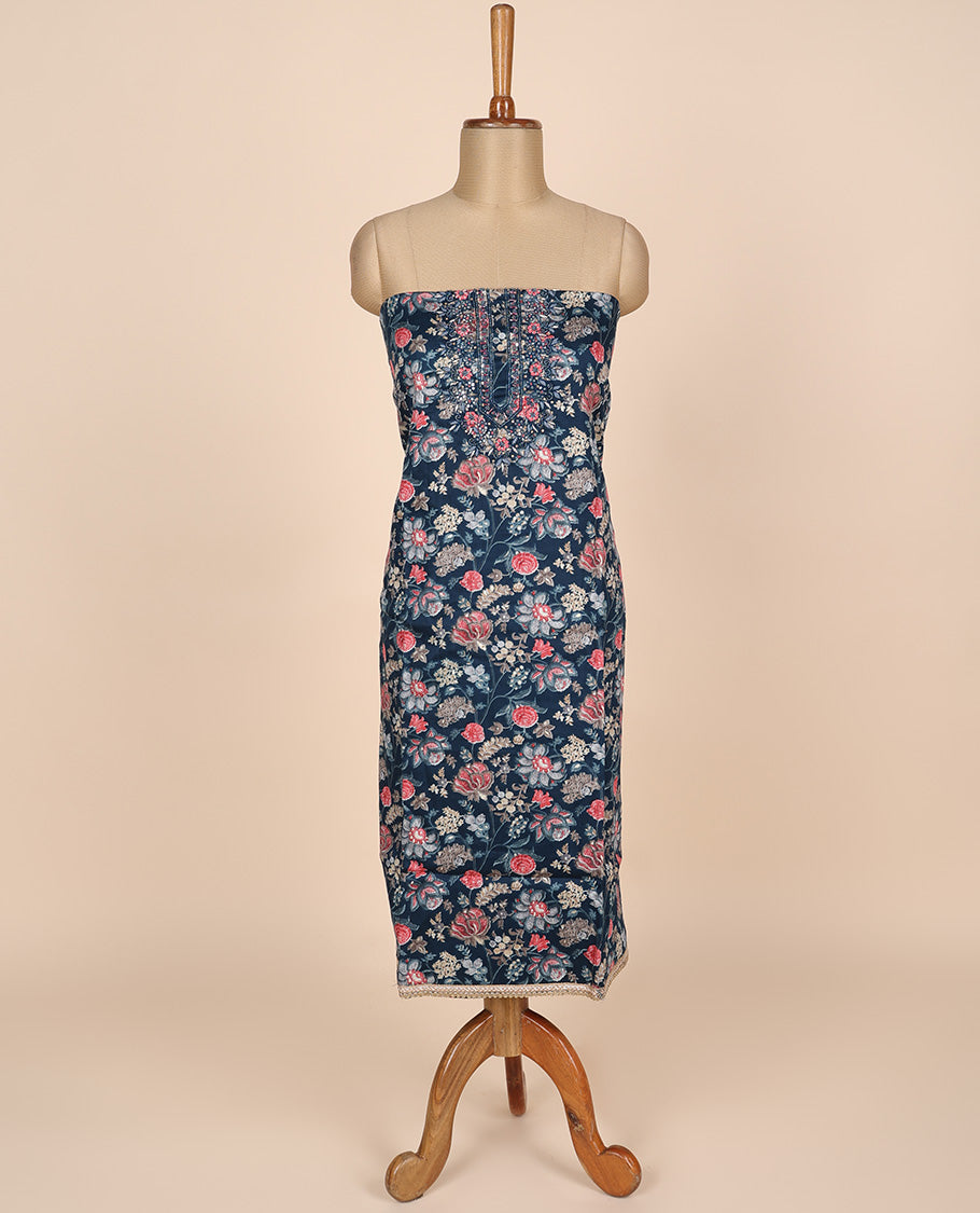 Blue material churidar set, floral vine print & neck embroidered cotton top, plain cotton bottom & embroidered dupatta