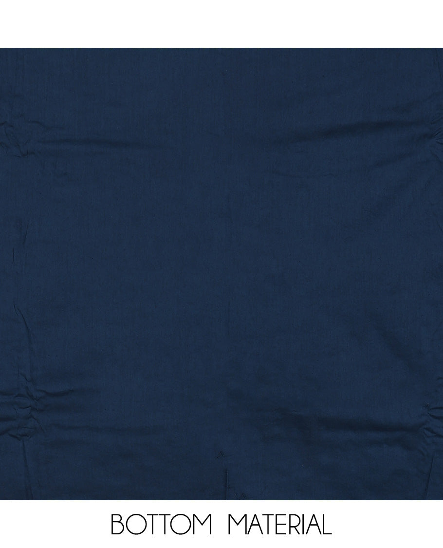 Blue material churidar set, floral vine print & neck embroidered cotton top, plain cotton bottom & embroidered dupatta