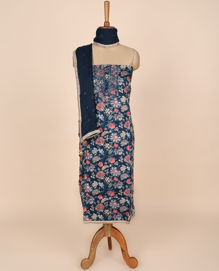 Blue material churidar set, floral vine print & neck embroidered cotton top, plain cotton bottom & embroidered dupatta