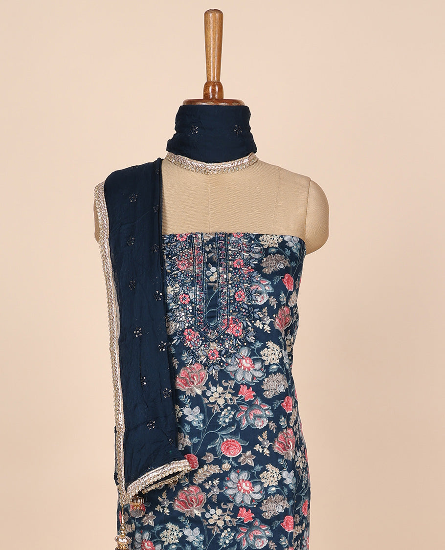 Blue material churidar set, floral vine print & neck embroidered cotton top, plain cotton bottom & embroidered dupatta