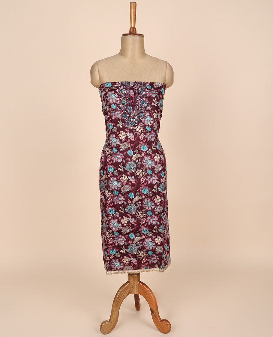 Maroon material churidar set, floral vine print & neck embroidered cotton top, plain cotton bottom & embroidered dupatta