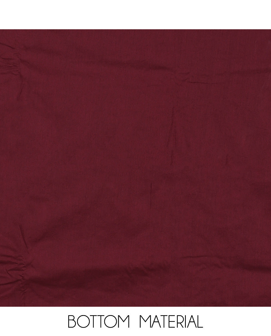 Maroon material churidar set, floral vine print & neck embroidered cotton top, plain cotton bottom & embroidered dupatta