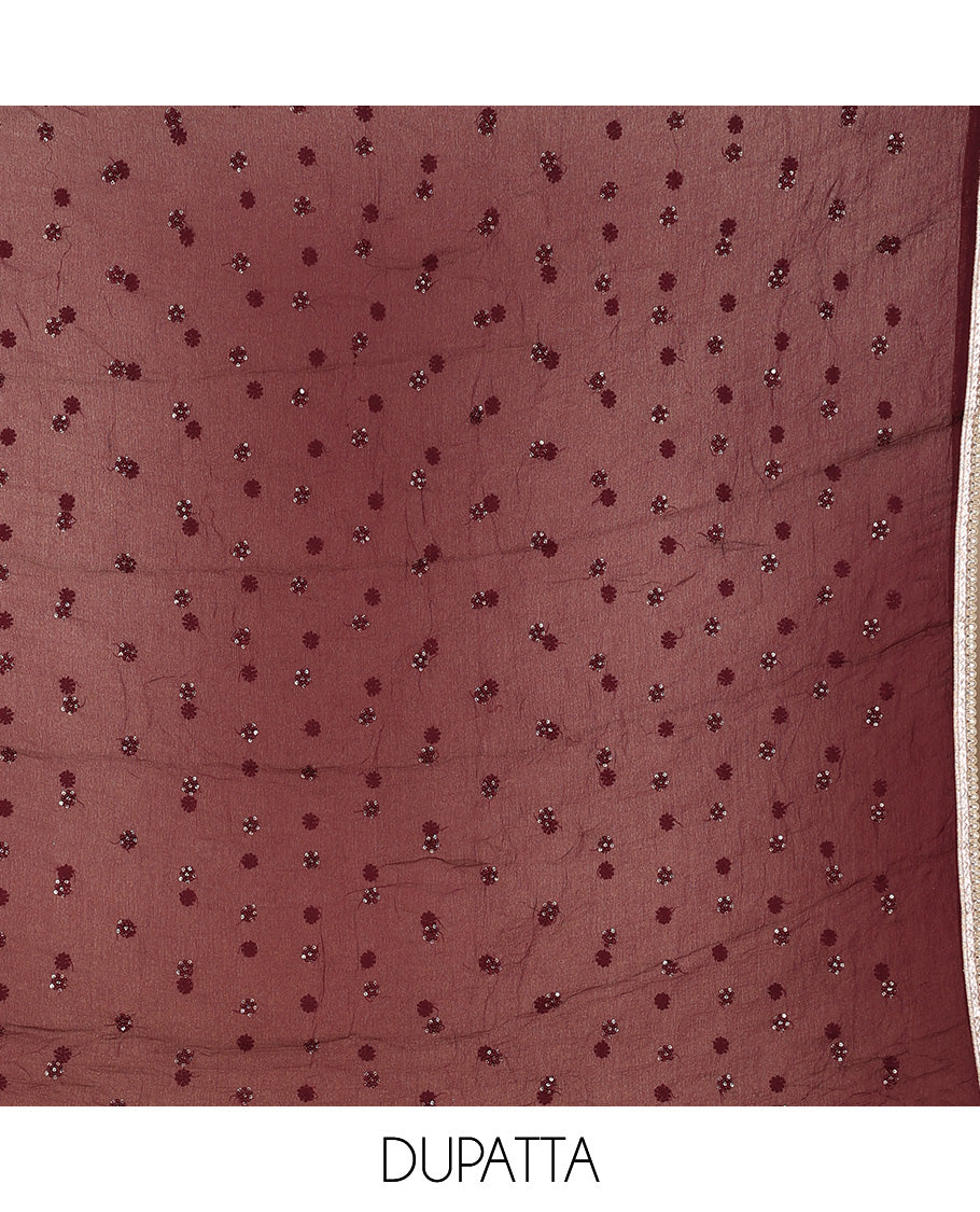 Maroon material churidar set, floral vine print & neck embroidered cotton top, plain cotton bottom & embroidered dupatta