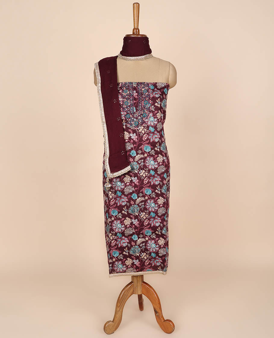 Maroon material churidar set, floral vine print & neck embroidered cotton top, plain cotton bottom & embroidered dupatta