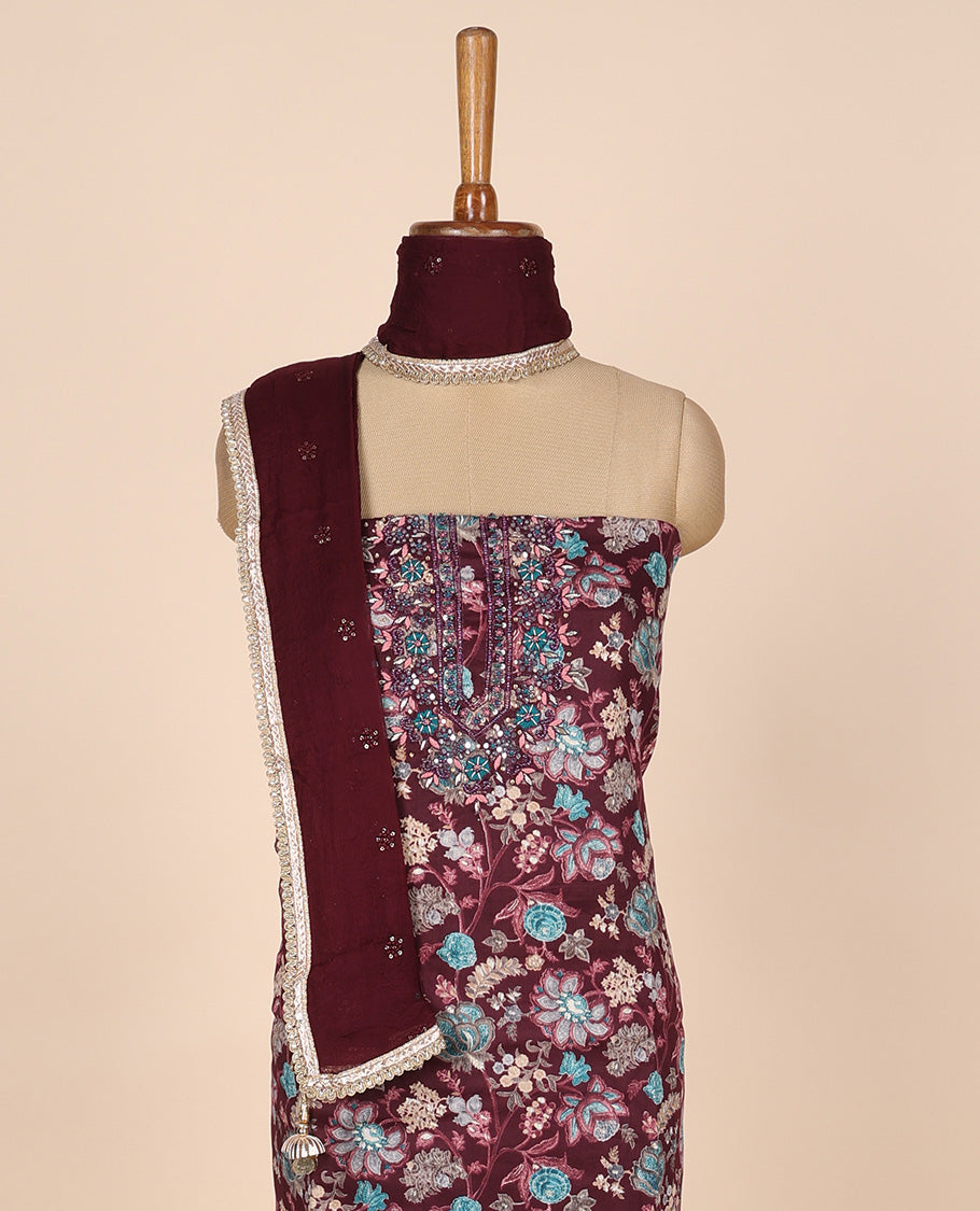 Maroon material churidar set, floral vine print & neck embroidered cotton top, plain cotton bottom & embroidered dupatta