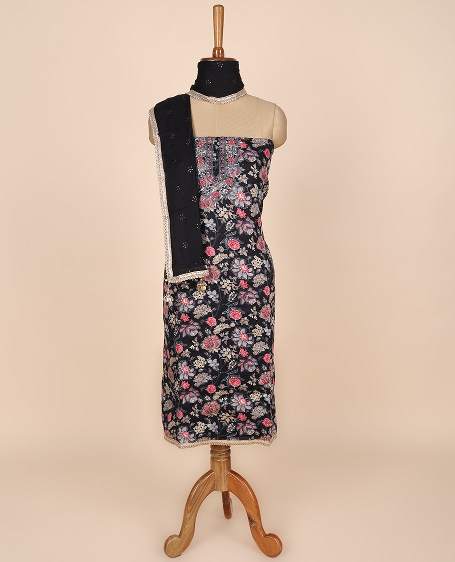 Black material churidar set, floral vine print & neck embroidered cotton top, plain cotton bottom & embroidered dupatta
