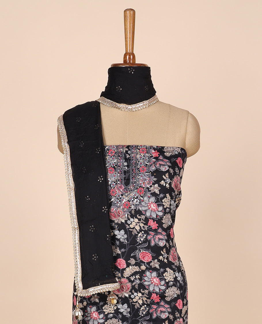Black material churidar set, floral vine print & neck embroidered cotton top, plain cotton bottom & embroidered dupatta