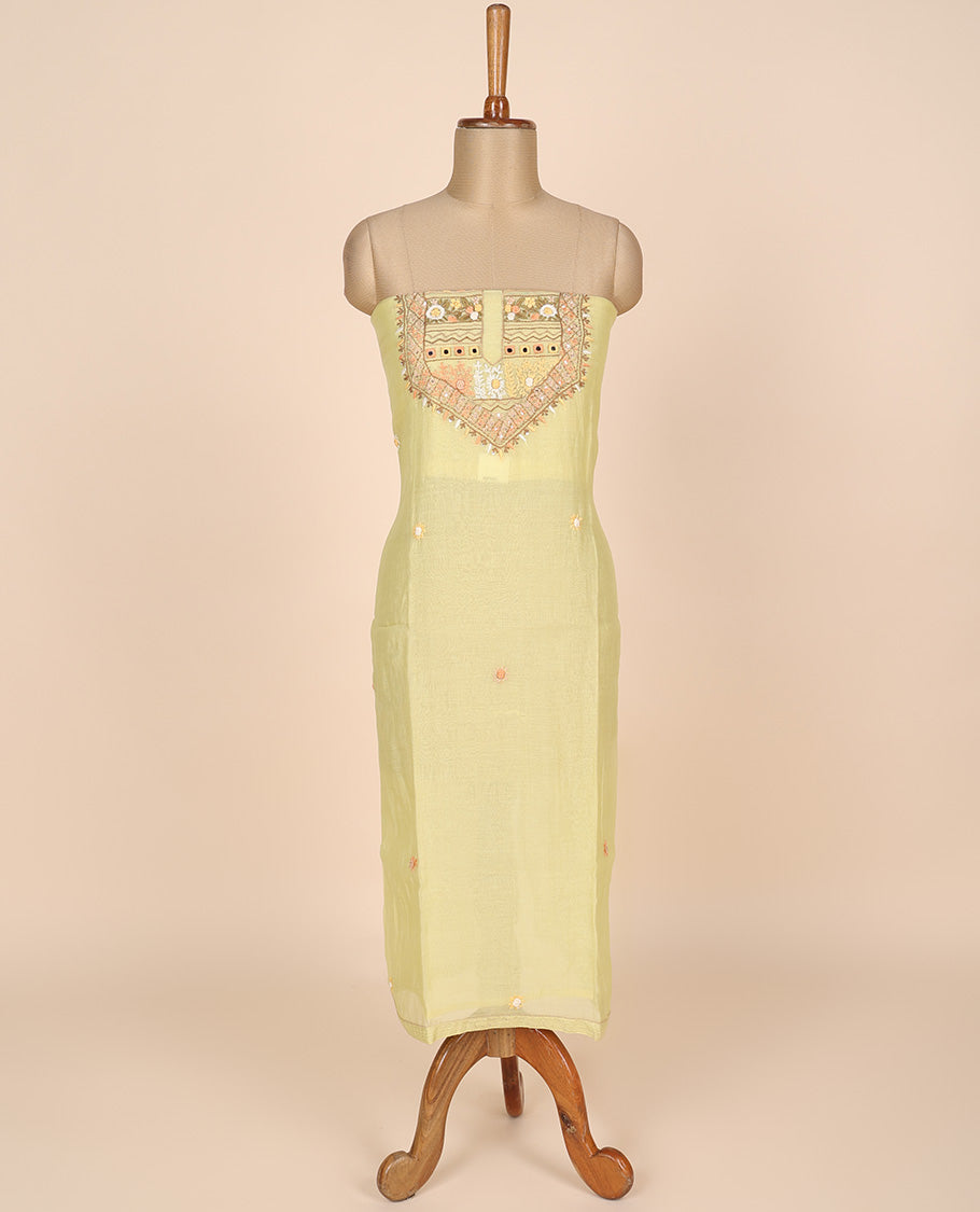 Yellow material churidar set, multi-hue thread embroidered cotton top, plain cotton bottom & embroidered dupatta