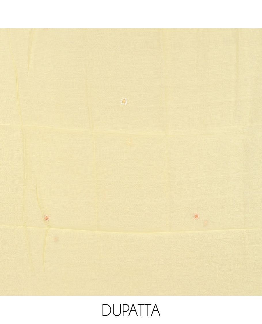 Yellow material churidar set, multi-hue thread embroidered cotton top, plain cotton bottom & embroidered dupatta