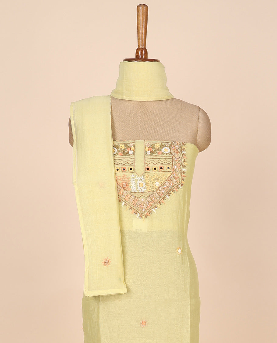 Yellow material churidar set, multi-hue thread embroidered cotton top, plain cotton bottom & embroidered dupatta