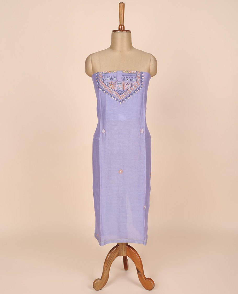 Lavender material churidar set, multi-hue thread embroidered cotton top, plain cotton bottom & embroidered dupatta