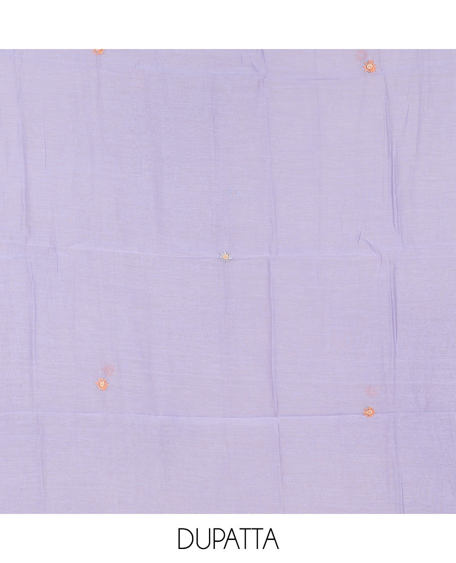 Lavender material churidar set, multi-hue thread embroidered cotton top, plain cotton bottom & embroidered dupatta