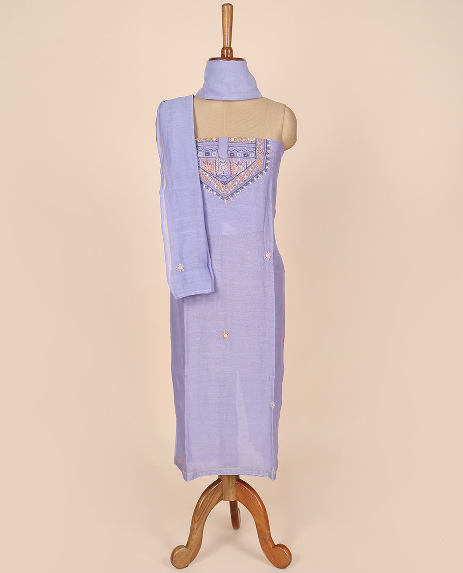 Lavender material churidar set, multi-hue thread embroidered cotton top, plain cotton bottom & embroidered dupatta
