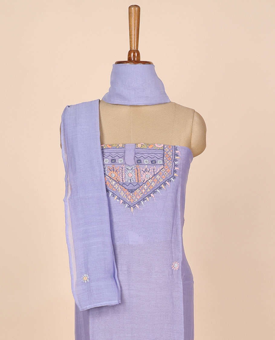Lavender material churidar set, multi-hue thread embroidered cotton top, plain cotton bottom & embroidered dupatta