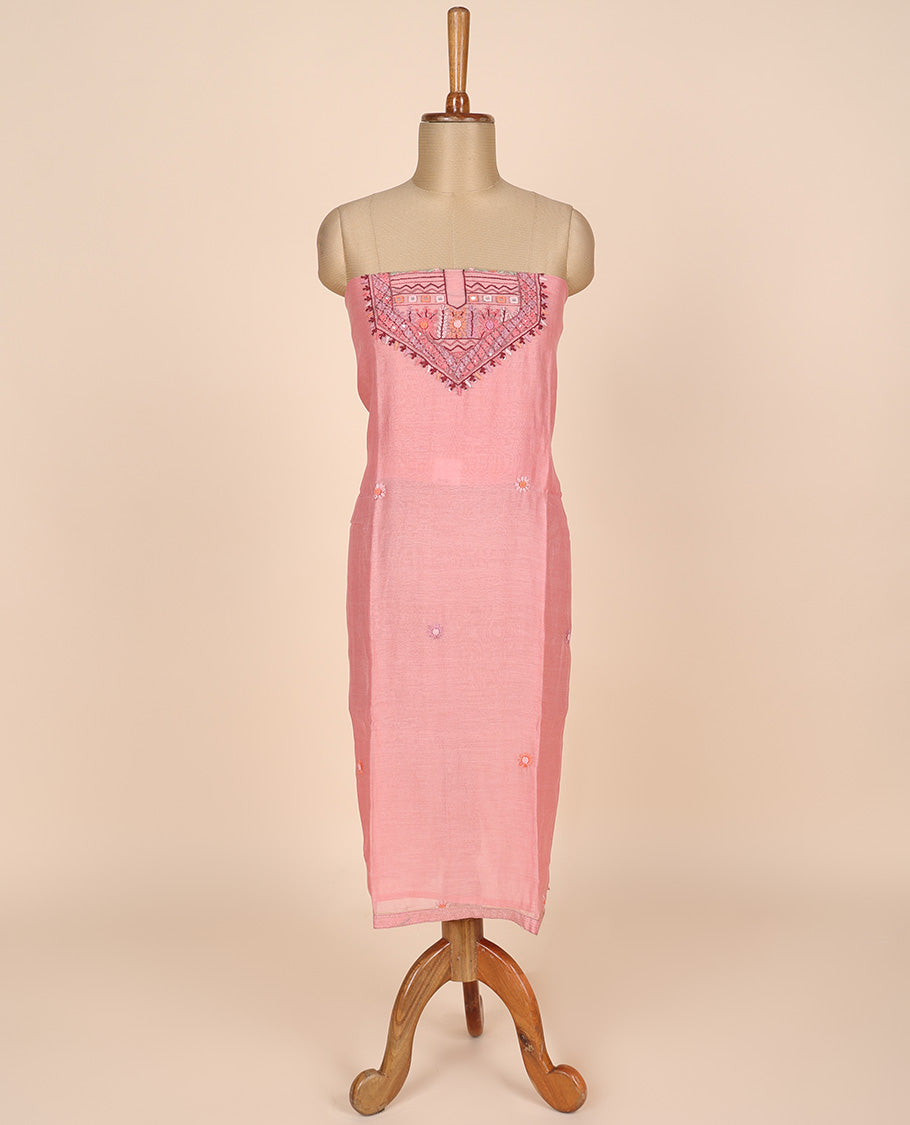 Pink material churidar set, multi-hue thread embroidered cotton top, plain cotton bottom & embroidered dupatta