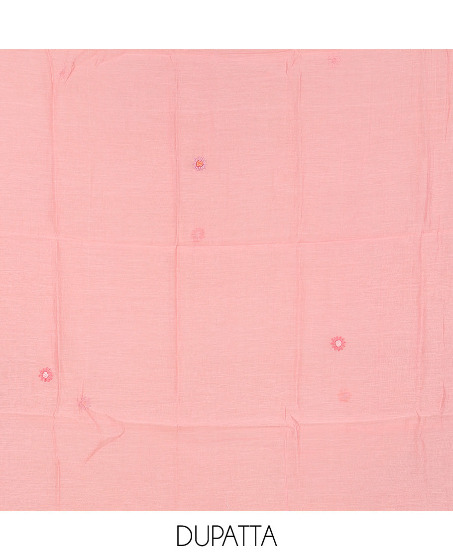 Pink material churidar set, multi-hue thread embroidered cotton top, plain cotton bottom & embroidered dupatta