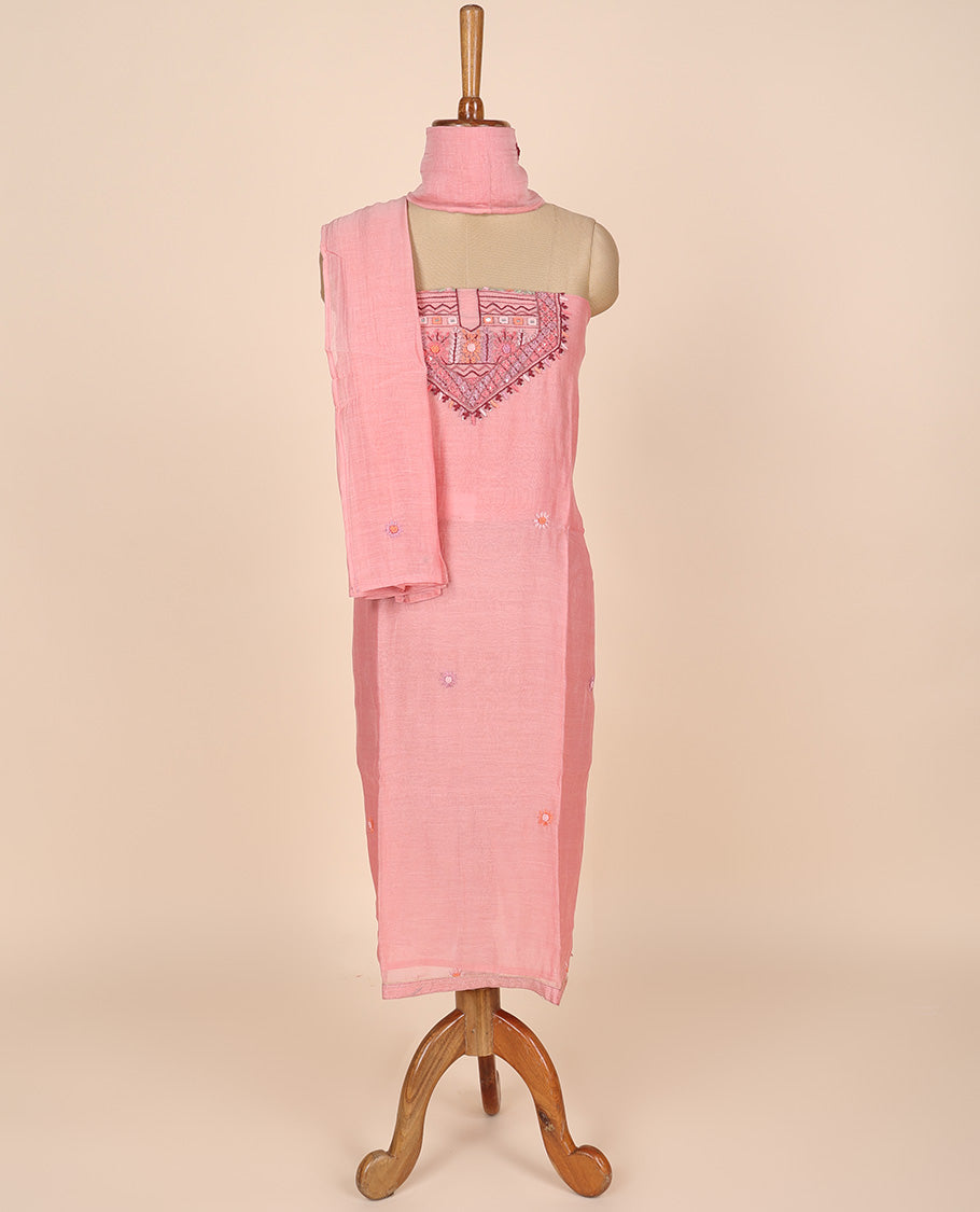 Pink material churidar set, multi-hue thread embroidered cotton top, plain cotton bottom & embroidered dupatta