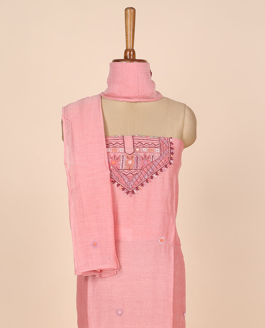 Pink material churidar set, multi-hue thread embroidered cotton top, plain cotton bottom & embroidered dupatta