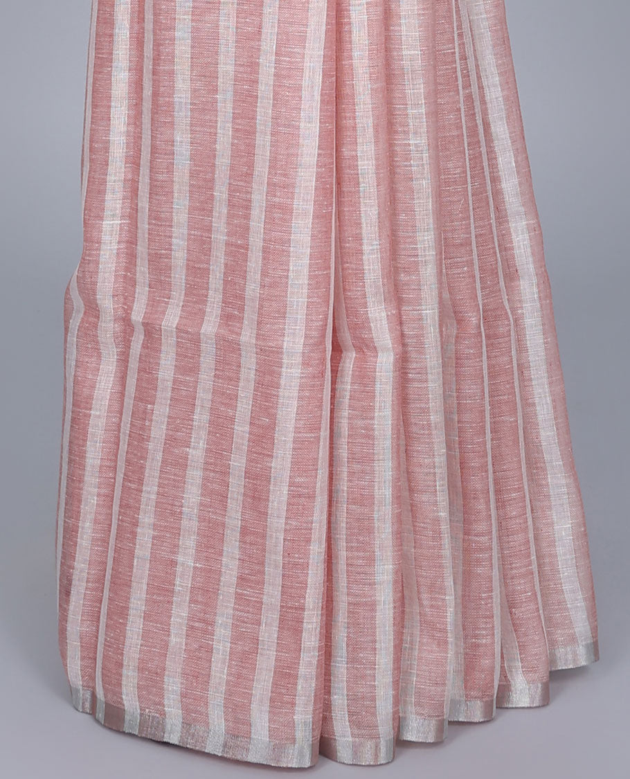 Borderless pink & off-white striped linen saree, self-pallu of stripes with tassels