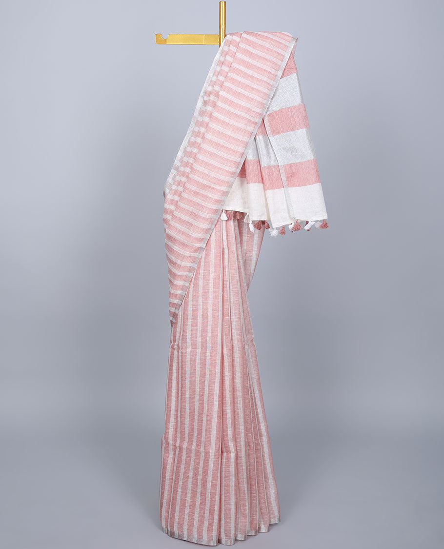 Borderless pink & off-white striped linen saree, self-pallu of stripes with tassels