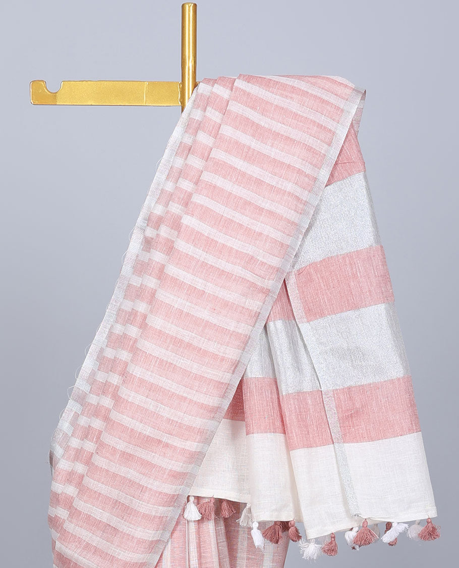Borderless pink & off-white striped linen saree, self-pallu of stripes with tassels