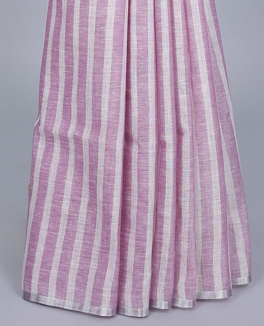 Borderless purple & off-white striped linen saree, self-pallu of stripes with tassels
