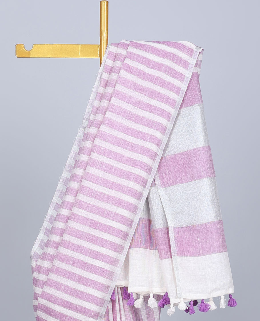 Borderless purple & off-white striped linen saree, self-pallu of stripes with tassels